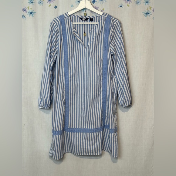 Lands End - Cotton Poplin Split-Neck Dress Sz LP - Chicory Blue Stripe - Picture 5 of 15